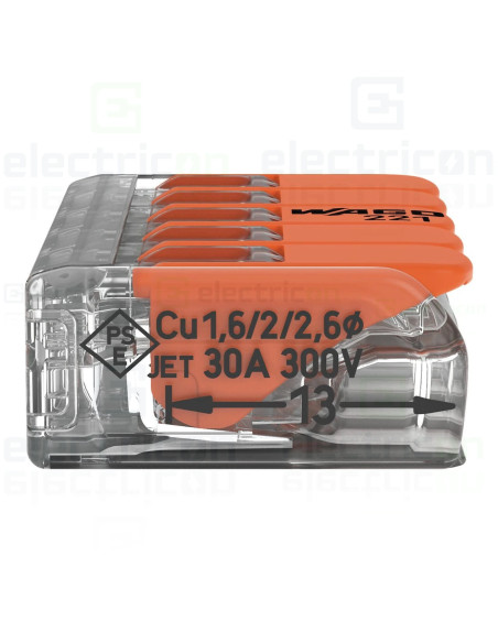 Clemă legătură doză pentru cablu lițat, flexibil cu clapetă, 5x6mm², Wago, 221-615