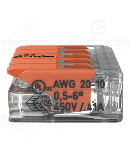 Clemă legătură doză pentru cablu lițat, flexibil cu clapetă, 5x6mm², Wago, 221-615