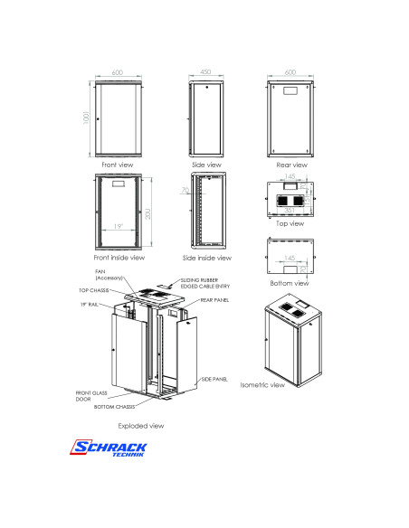 Dulap de perete DTW, 20U 600x1001x450, 19", ușă metalică, S-Rack Schrack, DTWA206045