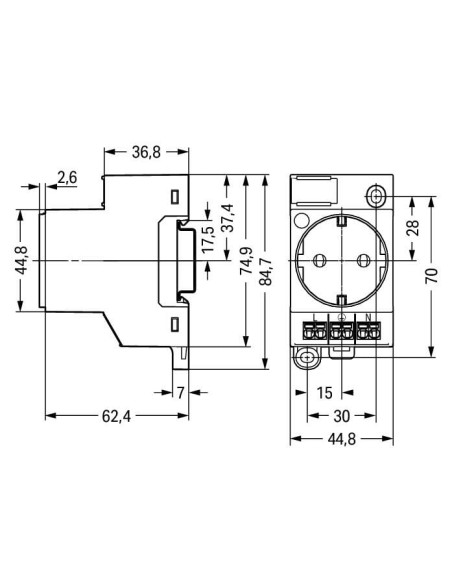 Priză Shucko pe șină DIN pentru tablou, gri, 16A, cu led, Push-in Cage Clamp, Wago, 709-581