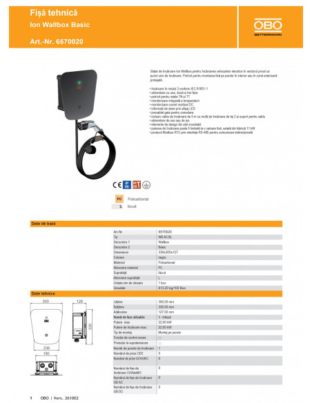 Statie de incarcare fixa, Ion Wallbox Basic, 22KW, type 2, cablu de incarcare 5m