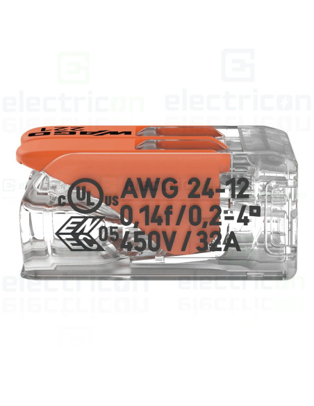 Clemă legătură doză pentru cablu lițat, 2x4mm², Wago, 221-412