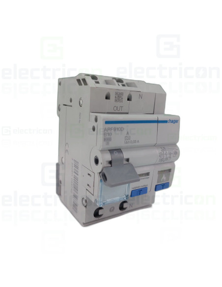 Dispozitiv de protectie a defectelor de arc, AFDD+RCBO, 1P+N, 3M, B10, 30mA, 6kA, 10A, QuickConnect, Hager, ARF910D