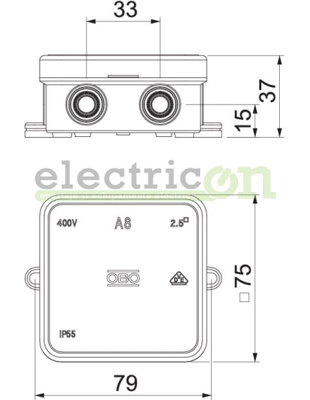Doza ramnificație, peste tencuială, A 8 HF RW, 65x65x32 mm, OBO Bettermann, 2000075