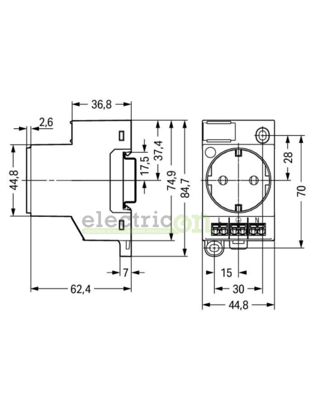 Priză Shucko pe șină DIN pentru tablou, galben, 16A, cu led, Push-in Cage Clamp, Wago, 709-582