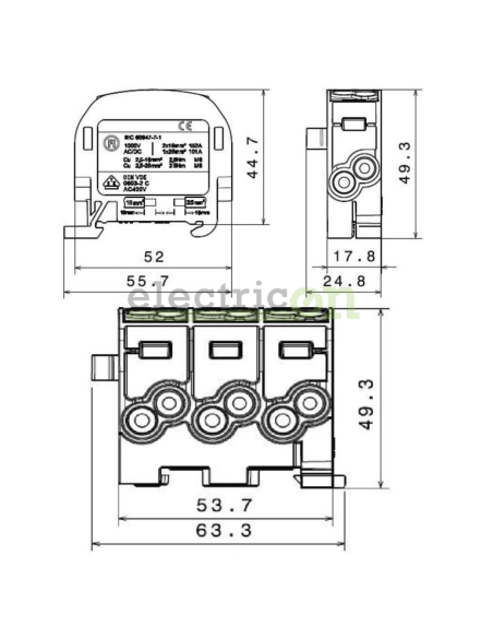 Clema derivatie, 25mm², Cu-Cu, 1P, albastru, Schrack, IK026120