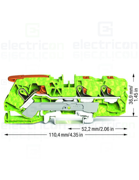 Clema șir, cu pârghie și buton,împământare, 3 conexiuni, 10 mm²,verde-galben, TopJobs Clamp, Wago, 2110-5307