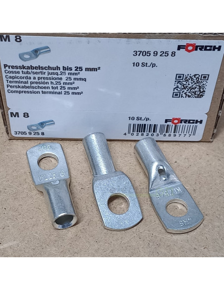 Papuci tubulari de cablu, cu fanta de control, 25 mm², M8