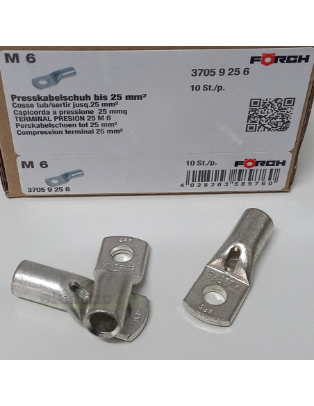 Papuci tubulari de cablu, cu fanta de control, 25 mm², M6