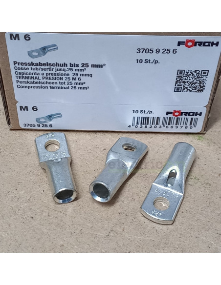 Papuci tubulari de cablu, cu fanta de control, 25 mm², M6