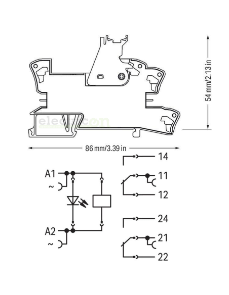 Modul releu Wago, gama 788, bobină de 230V, 2 contacte, DPDT, 8A, indicator roșu, Wago, 788-516