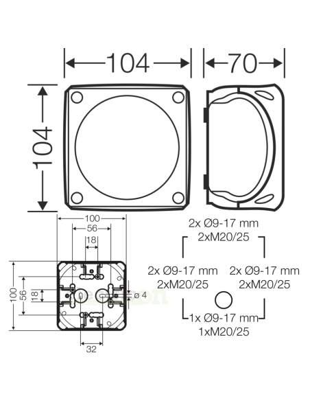 Doză de ramnificatie, aplicata, 104x104x70 mm, IP66, Hensel, DK 0400 GZ