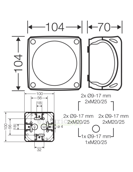 Doză de ramnificatie, aplicata, 104x104x70 mm, 32 A, IP66, Hensel, DK 0404 GZ