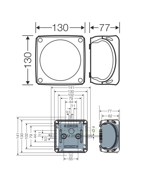 Doză de ramnificatie, aplicata, 130x130x77 mm, IP69, Hensel, KF 0600 B