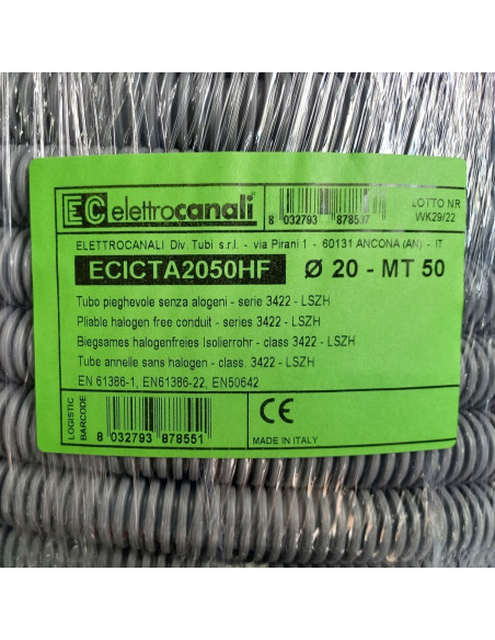 Copex tub flexibil, rola 50m, Ø20 mm, 1250N, ignifug, gri, TC15, Electtrocanalli, ECICTA2050HF