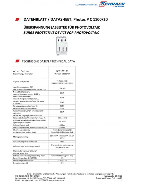 Descărcător broşabil, clasa 2 (C), 1100V c.c., 20kA