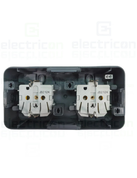 Priză 2P+E, dublă cu capac opac, aplicat, cu port etichetă și cheie, orizontală, IP55, Berker W1, Hager, 47893525