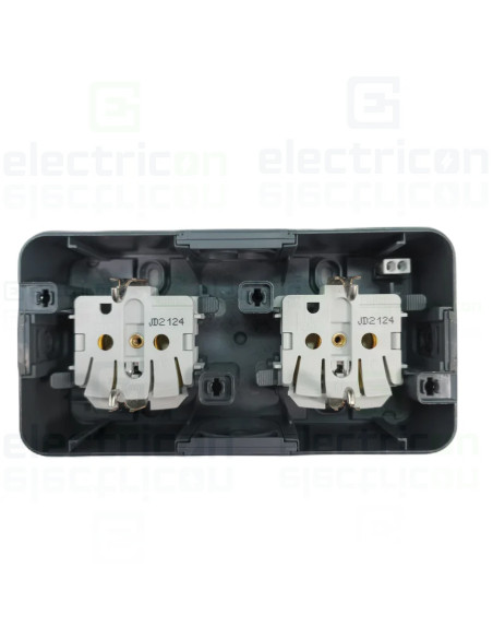 Priză 2P+E, dublă cu capac opac, aplicat, cu port etichetă și cheie, orizontală, IP55, Berker W1, Hager, 47893525