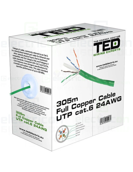Cablu UTP cat.6 cupru integral 0,5 24AWG manta PVC verde rola TED Wire Expert BBB A0, TED, TED002501