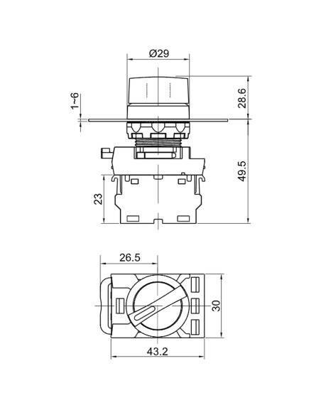 Comutator 2 poziții, cu braț, 1×NO+1×NC, 5A/230V AC-15, IP65, Tracon Electric, NYK3-S21BK