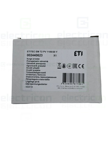 Descarcator PV la supratensiune, TIP T2, 1100VDC, 3 module, ETITEC EM T2 PV 1100/20Y, ETI, 002440623