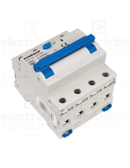 Intrerupator diferential RCBO, 3P+N, 30mA, 6kA, curba B, tip A, 25A, Amparo, Schrack, AK668825