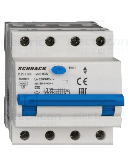 Intrerupator diferential RCBO, 3P+N, 30mA, 6kA, curba B, tip A, 20A, Amparo, Schrack, AK668820