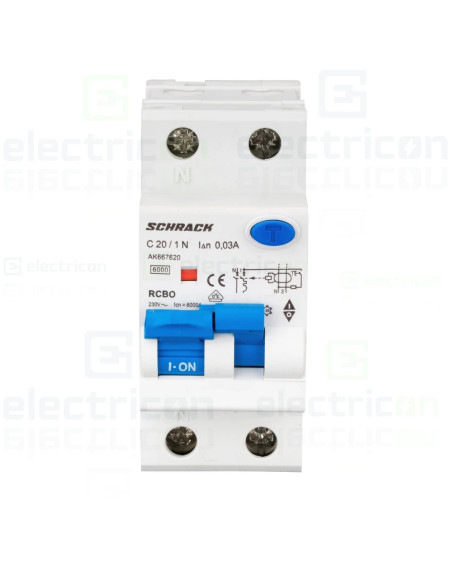 Intrerupator diferential RCBO, 1P+N, C20, 30mA, tip A, 20A, Amparo, Schrack, AK667620