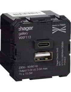 Mecanism priza 1x USB A, 1x USB C, 15W (5V/3A), 2M, Gallery, Hager, WXF113