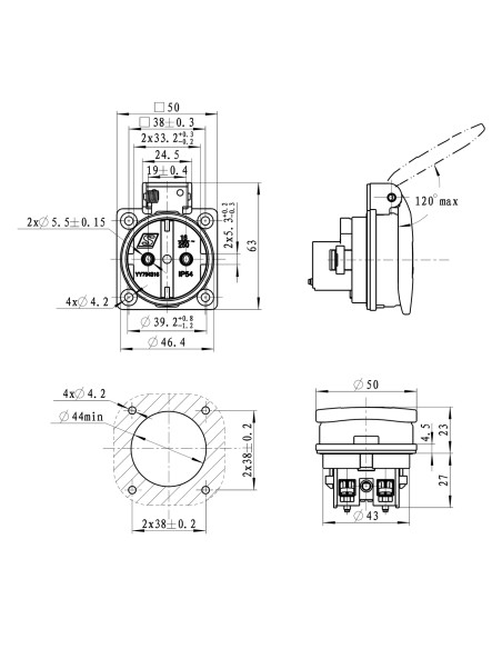 Priza Shucko, 16A, 250V, IP54, albastru, tip F, capac rotund, cu etanșare , Schrack, YY794316