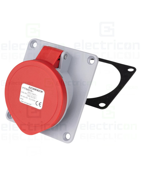 Priza industriala, CEE fix, 5 poli, 16A, 400V, IP44, cu garnitură. montaj pe panou, unghi de 15°, Schrack, YY784516