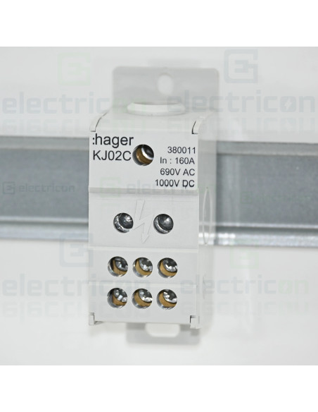 Bloc distribuție terminal, 1P, 160A, 1x70mm²+6x16mm² + 1 bară colectoare 16x5mm, lățime 35mm, Hager, KJ02C