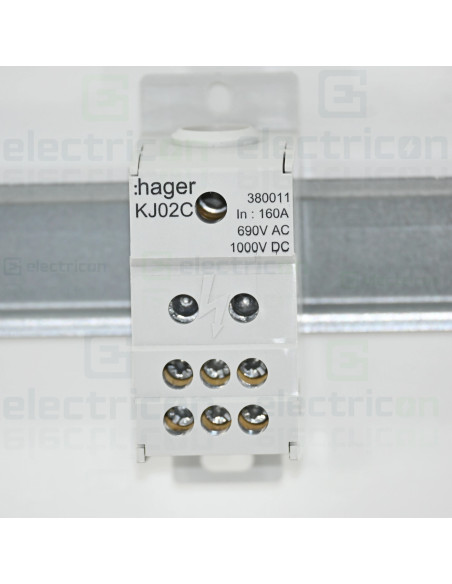 Bloc distribuție terminal, 1P, 160A, 1x70mm²+6x16mm² + 1 bară colectoare 16x5mm, lățime 35mm, Hager, KJ02C