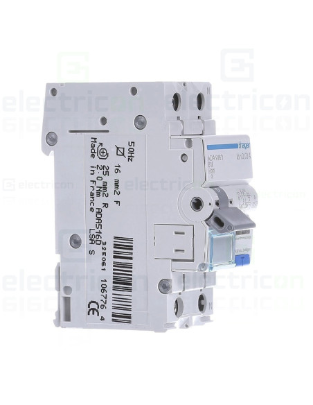 Disjunctor diferențial 1P+N, monofazic, 16A, 30mA, curba C, RCBO tip A, Hager, ADA966D
